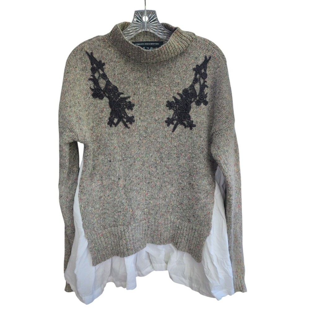 French Connection XS Gray Tweed Wool Blend Lace Applique Layered Shirt Sweater